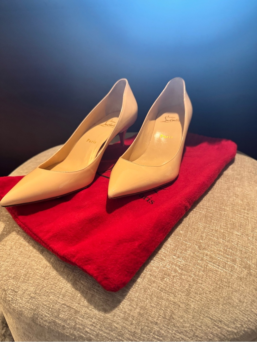 Christian Louboutin Beige Patent Pointed-Toe Pumps with Red Soles